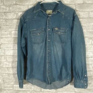 American eagle Blue Denim casual pearl snap Button-Up Shirt size medium faded